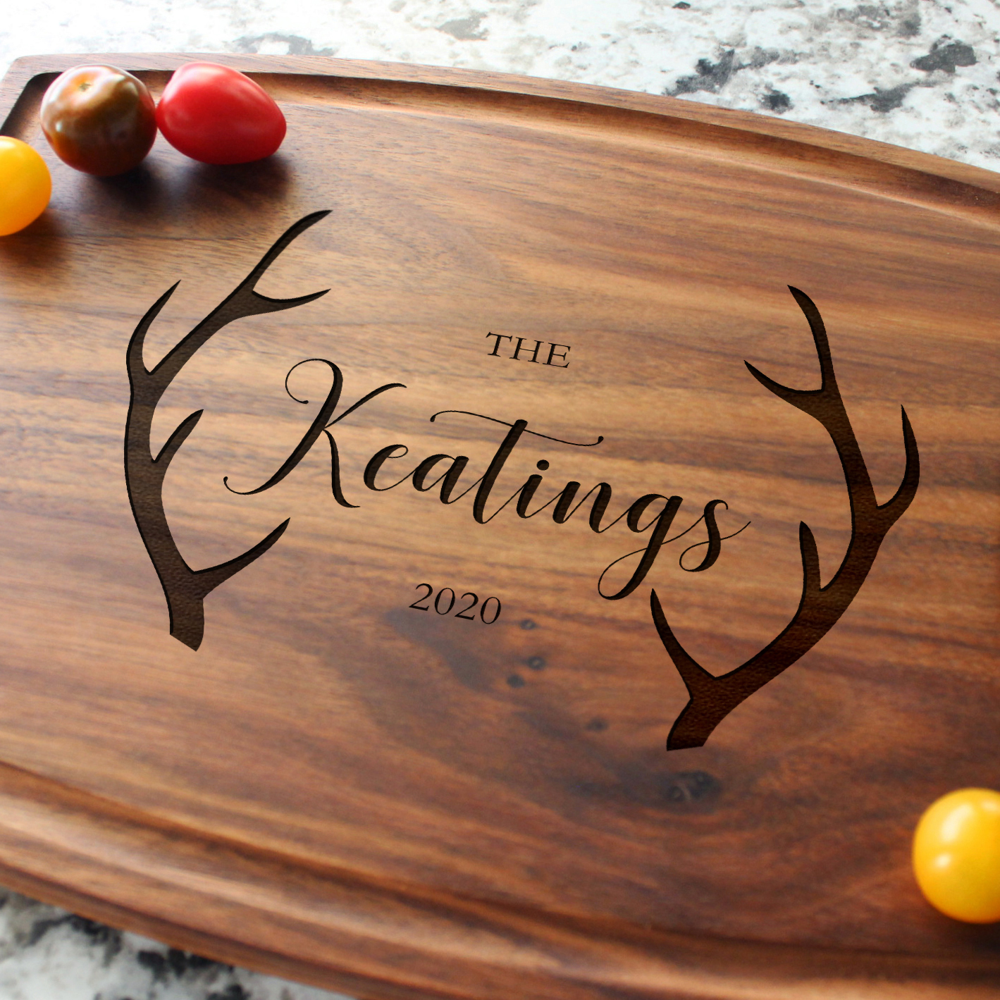 Personalized, Engraved Cutting Board with Rustic Deer Antlers Design for Housewarming or Wedding Gift #105