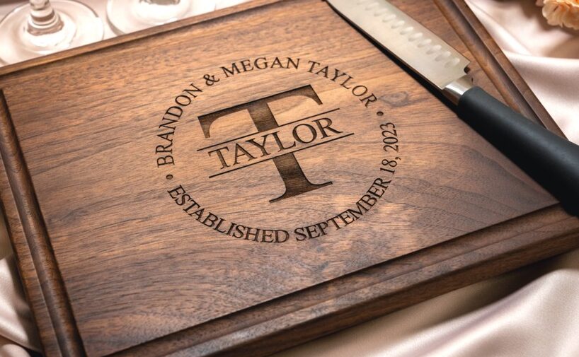 Personalized, Engraved Cutting Board with Classic Round Monogram Design for Housewarming or Wedding Gift #007 - Image 2