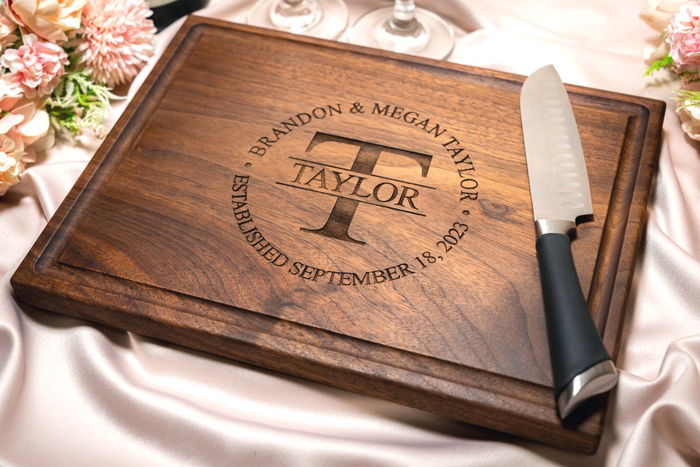 Personalized, Engraved Cutting Board with Classic Round Monogram Design for Housewarming or Wedding Gift #007 - Image 4