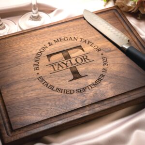 Personalized, Engraved Cutting Board with Classic Round Monogram Design for Housewarming or Wedding Gift #007