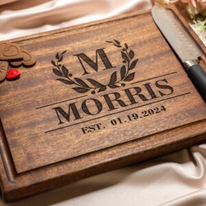 Personalized, Engraved Cutting Board with Monogram Design, and Laurels for Wedding or Anniversary Gift #011