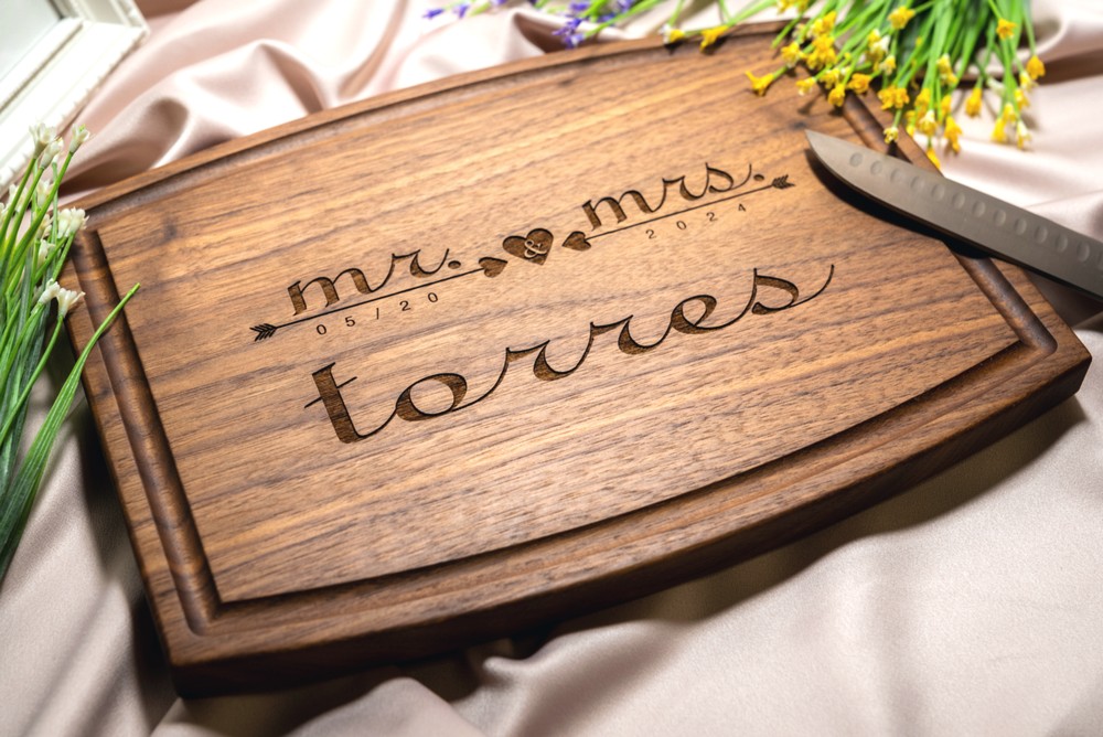 Personalized, Engraved Cutting Board with Romantic Mr & Mrs Design for Wedding or Engagement Gift #021 - Image 2