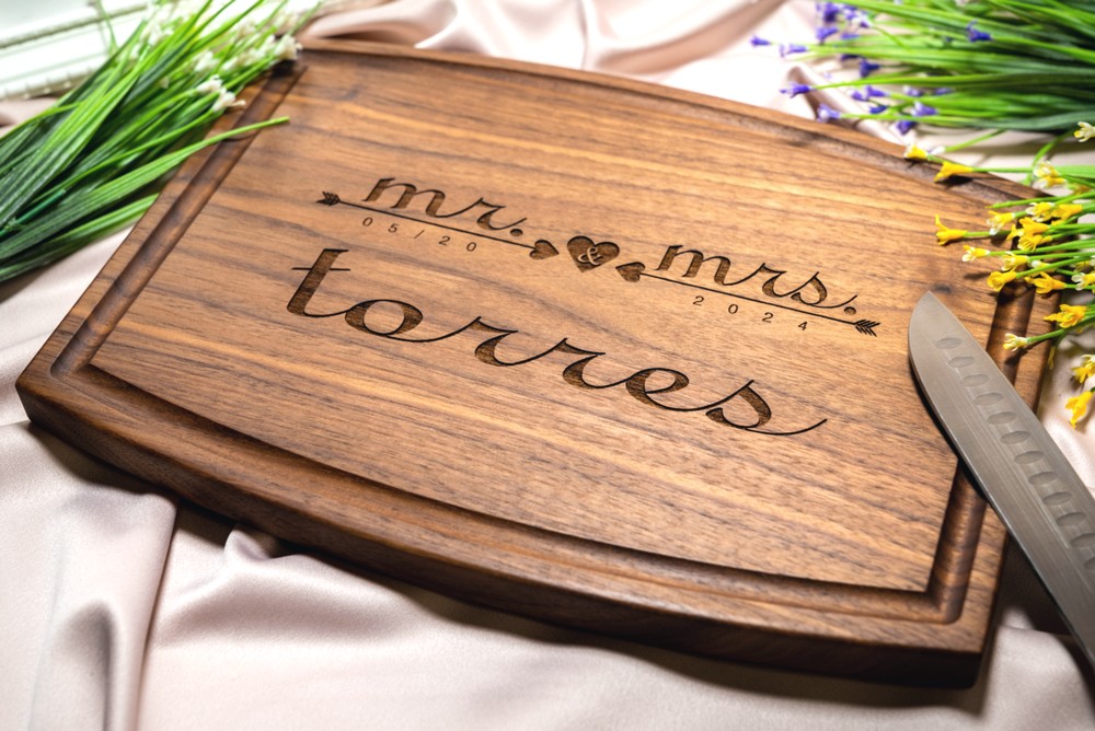 Personalized, Engraved Cutting Board with Romantic Mr & Mrs Design for Wedding or Engagement Gift #021 - Image 8