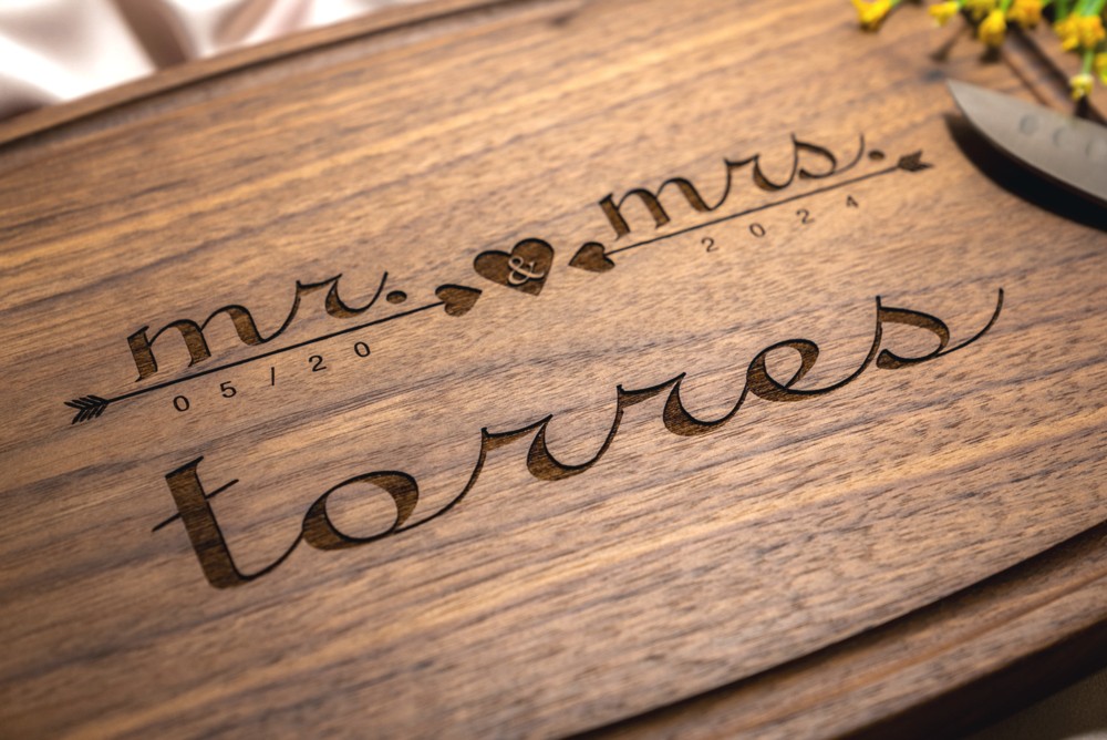 Personalized, Engraved Cutting Board with Romantic Mr & Mrs Design for Wedding or Engagement Gift #021 - Image 4