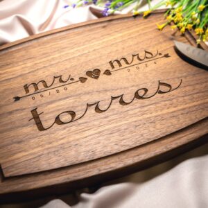 Personalized, Engraved Cutting Board with Romantic Mr & Mrs Design for Wedding or Engagement Gift #021