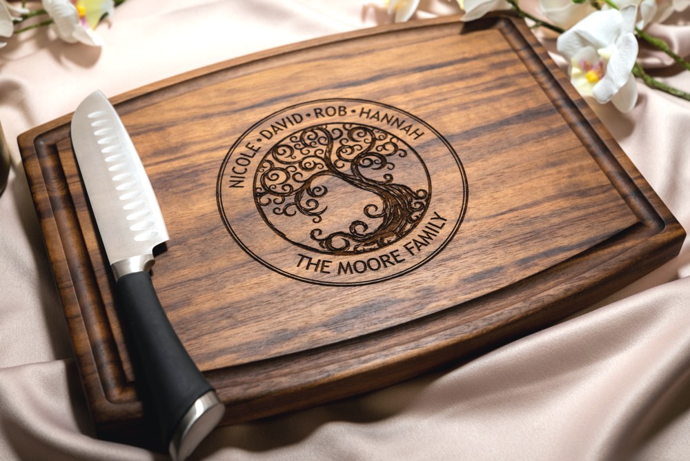 Personalized, Engraved Cutting Board with Natural Family Tree Design for Housewarming or Wedding Gift #025 - Image 2