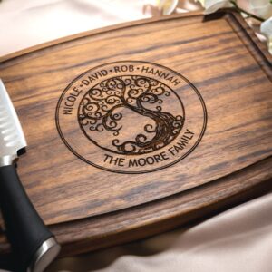 Personalized, Engraved Cutting Board with Natural Family Tree Design for Housewarming or Wedding Gift #025