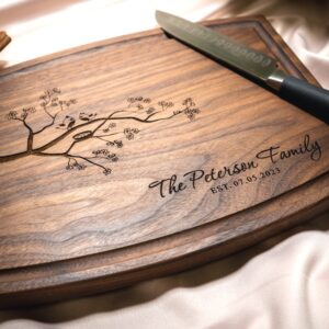 Personalized, Engraved Cutting Board with Cute Lovebirds Design for Anniversary or Housewarming Gift #037