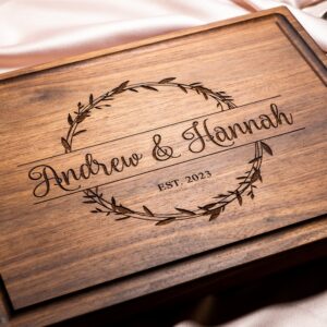 Personalized, Engraved Cutting Board with Natural Wreath Design for Housewarming or Anniversary Gift #040