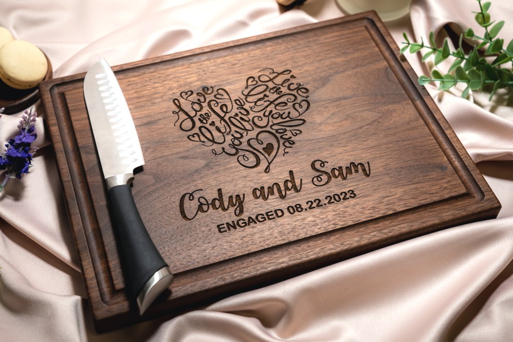 Personalized, Engraved Cutting Board with Cute Heart Design for Wedding or Engagement Gift #041 - Image 2