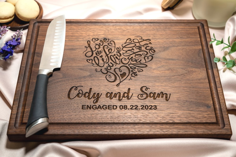 Personalized, Engraved Cutting Board with Cute Heart Design for Wedding or Engagement Gift #041 - Image 4
