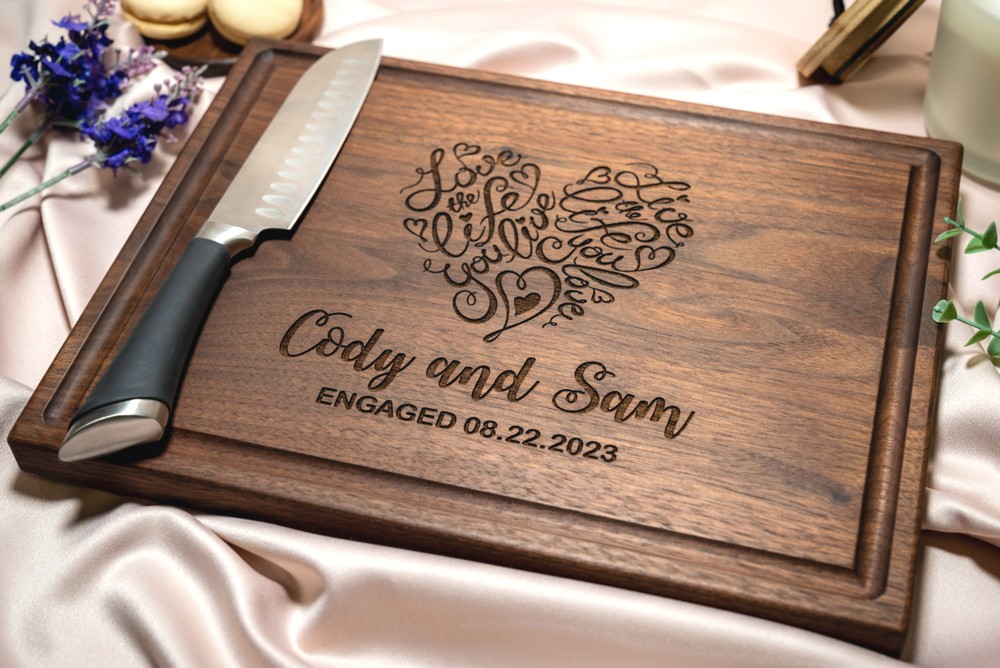 Personalized, Engraved Cutting Board with Cute Heart Design for Wedding or Engagement Gift #041 - Image 8