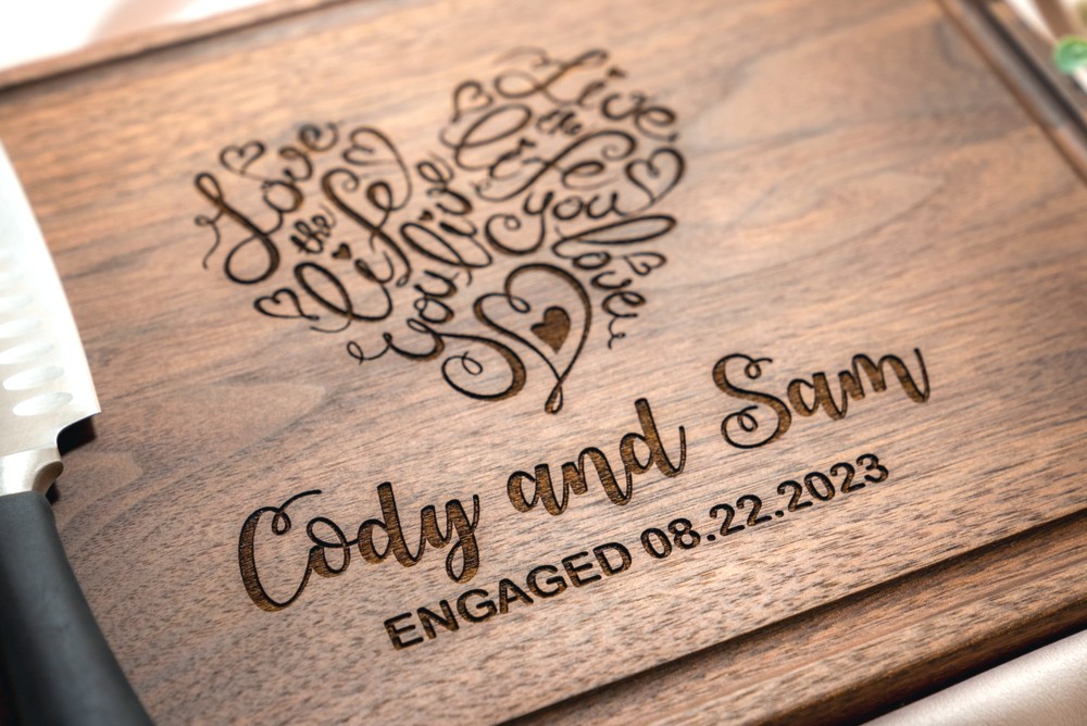 Personalized, Engraved Cutting Board with Cute Heart Design for Wedding or Engagement Gift #041 - Image 3