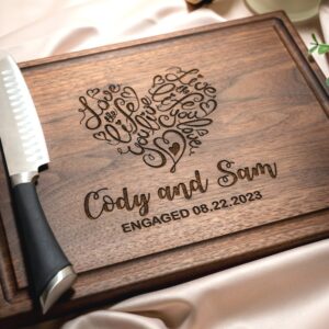 Personalized, Engraved Cutting Board with Cute Heart Design for Wedding or Engagement Gift #041
