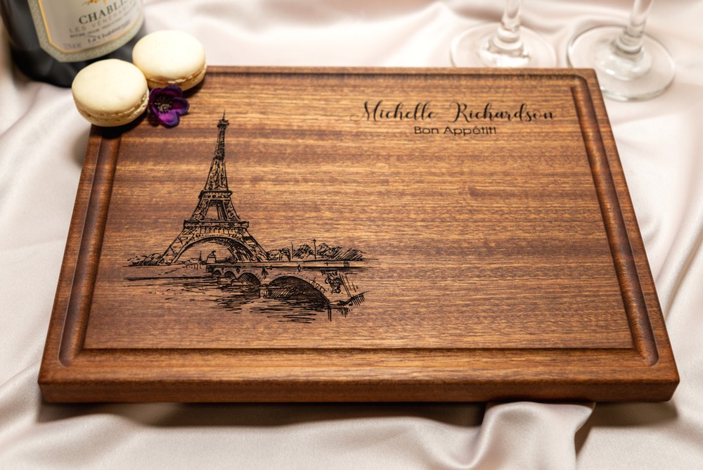 Personalized, Engraved Cutting Board with Paris and Eiffel Tower Design for Anniversary or Engagement Gift #047 - Image 9