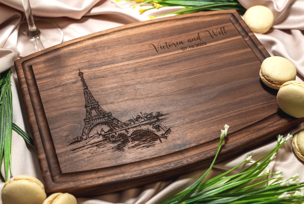 Personalized, Engraved Cutting Board with Paris and Eiffel Tower Design for Anniversary or Engagement Gift #047 - Image 2