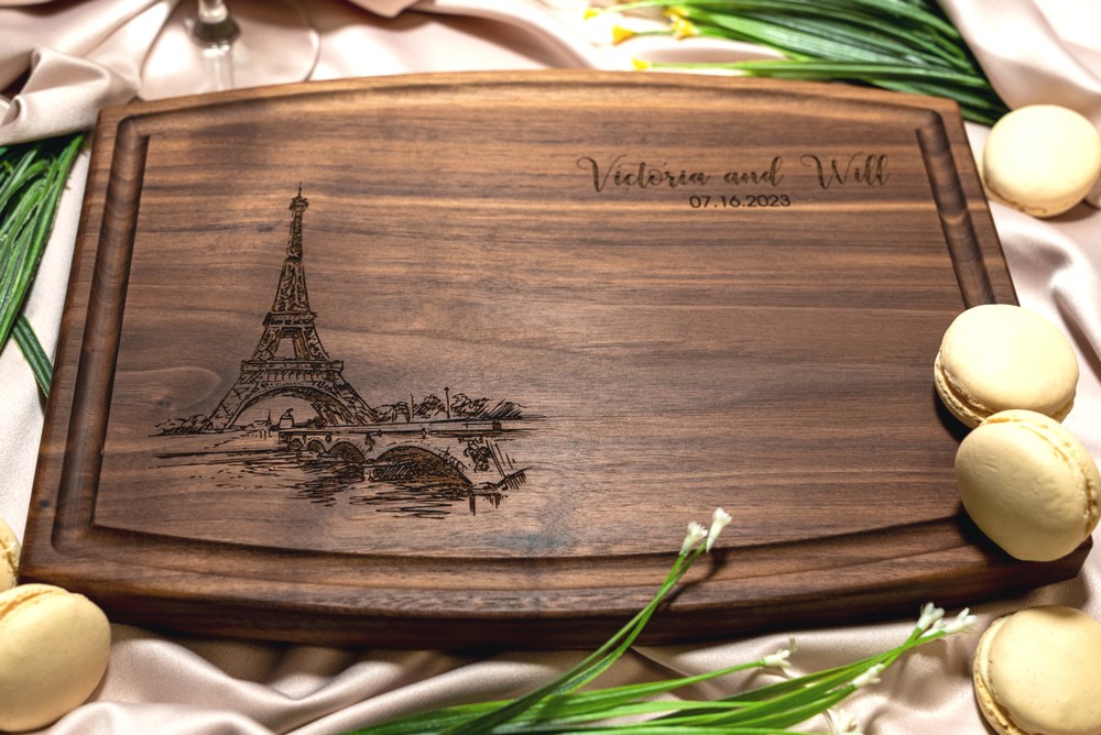 Personalized, Engraved Cutting Board with Paris and Eiffel Tower Design for Anniversary or Engagement Gift #047 - Image 4