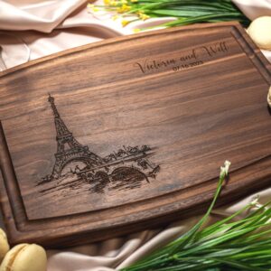 Personalized, Engraved Cutting Board with Paris and Eiffel Tower Design for Anniversary or Engagement Gift #047
