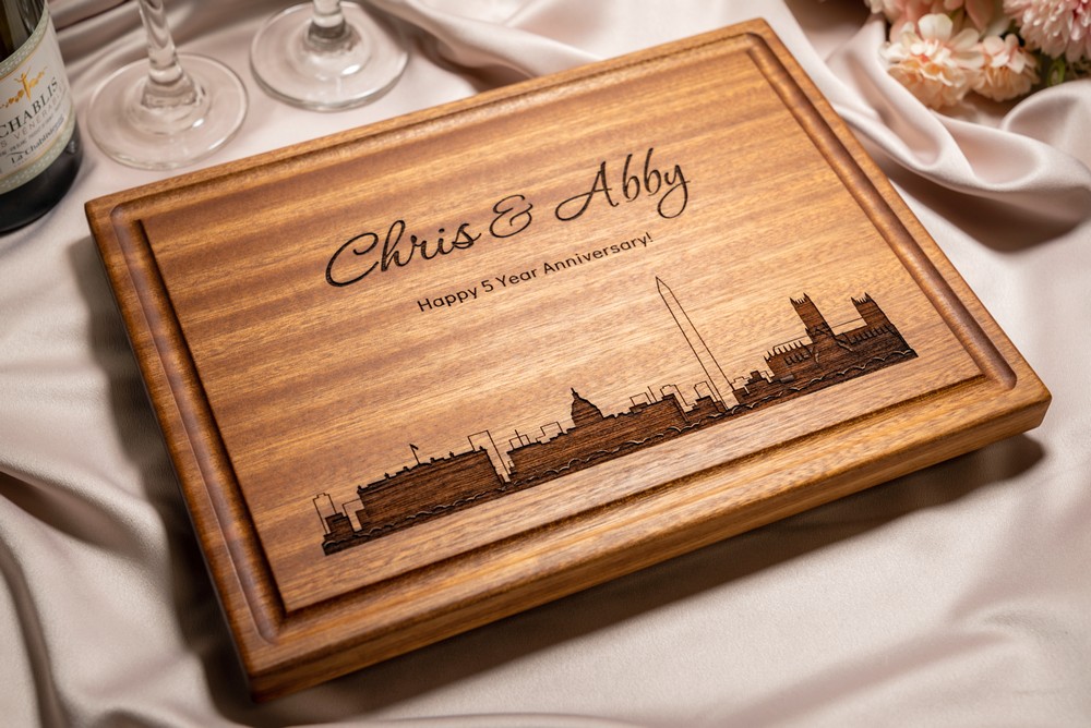 Personalized, Engraved Cutting Board with Modern City Skyline Design for Housewarming or Wedding Gift #050 - Image 2