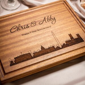 Personalized, Engraved Cutting Board with Modern City Skyline Design for Housewarming or Wedding Gift #050