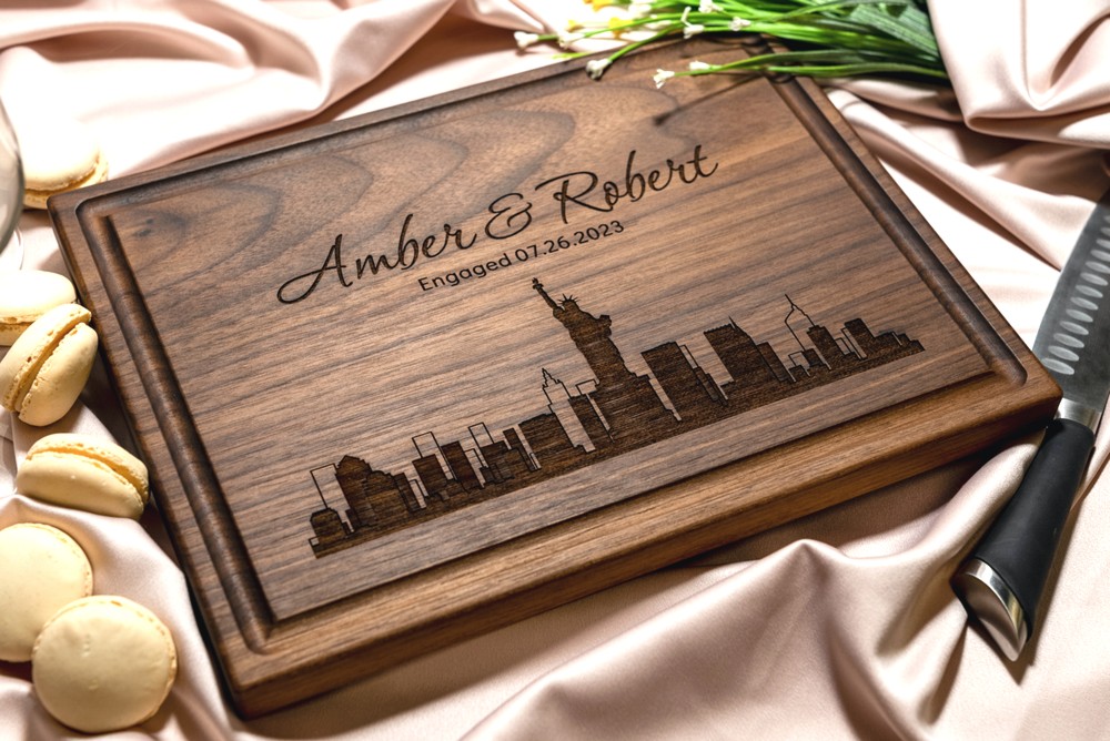 Personalized, Engraved Cutting Board with Modern City Skyline Design for Housewarming or Wedding Gift #050 - Image 2