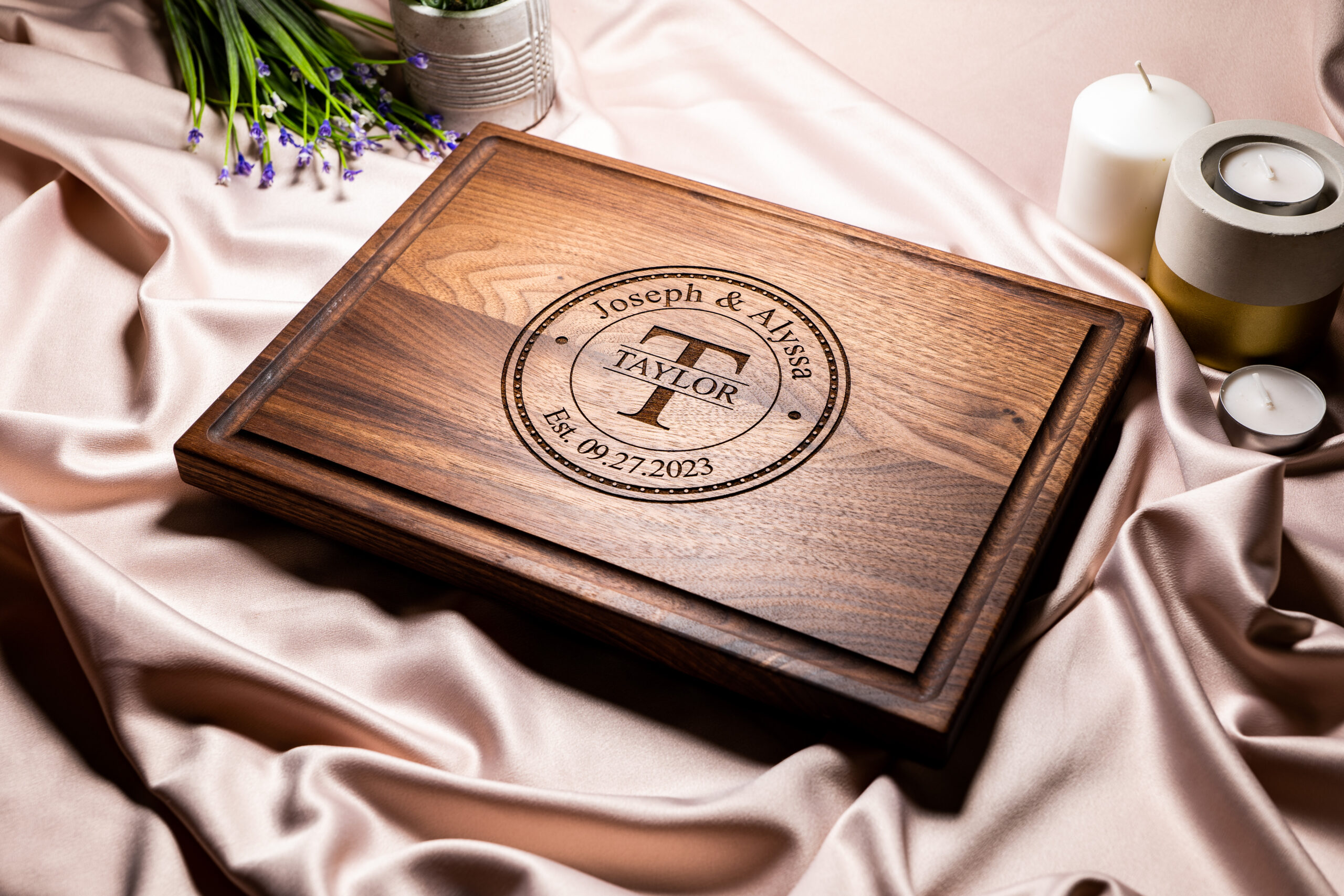 Personalized Cutting Board, Custom Wedding, Anniversary or Housewarming Gift Idea, Wood Engraved Charcuterie, for Couples, Family and Clients Initial Stamp Design #075 - Image 2