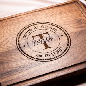 Personalized Cutting Board, Custom Wedding, Anniversary or Housewarming Gift Idea, Wood Engraved Charcuterie, for Couples, Family and Clients Initial Stamp Design #075