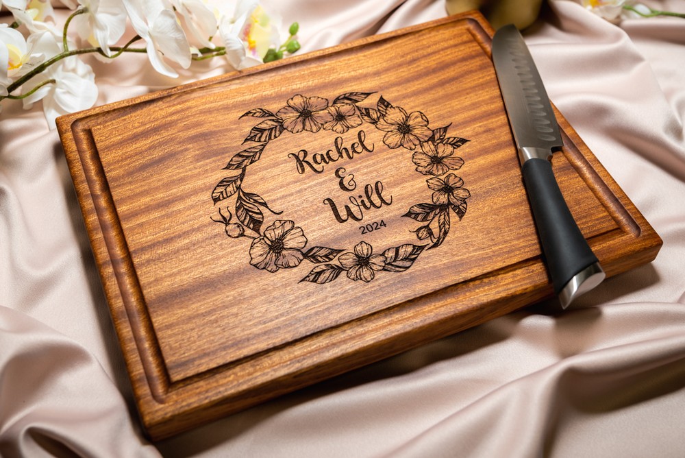 Personalized, Engraved Cutting Board with Cute Flower Wreath Design for Anniversary or Wedding gift #089 - Image 2