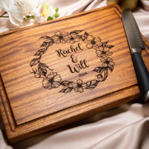 Personalized, Engraved Cutting Board with Cute Flower Wreath Design for Anniversary or Wedding gift #089