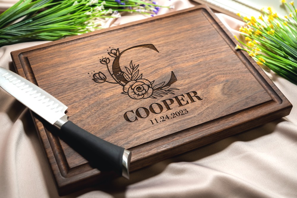 Personalized, Engraved Cutting Board with Flower Monogram Design for Wedding or Anniversary Gift #106 - Image 2