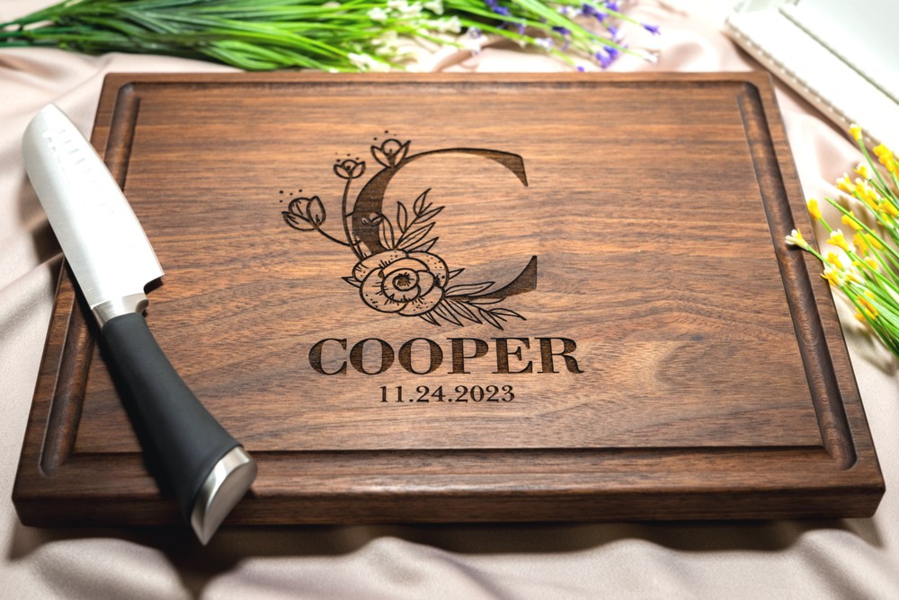Personalized, Engraved Cutting Board with Flower Monogram Design for Wedding or Anniversary Gift #106 - Image 4