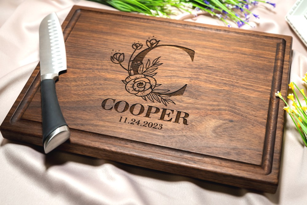Personalized, Engraved Cutting Board with Flower Monogram Design for Wedding or Anniversary Gift #106 - Image 8