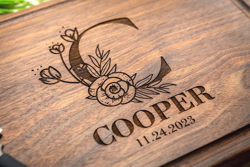 Personalized, Engraved Cutting Board with Flower Monogram Design for Wedding or Anniversary Gift #106 - Image 3