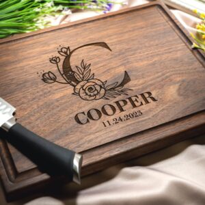 Personalized, Engraved Cutting Board with Flower Monogram Design for Wedding or Anniversary Gift #106