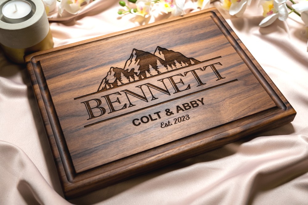 Personalized, Engraved Cutting Board with Bold Mountains Design for Wedding or Housewarming Gift #108 - Image 2
