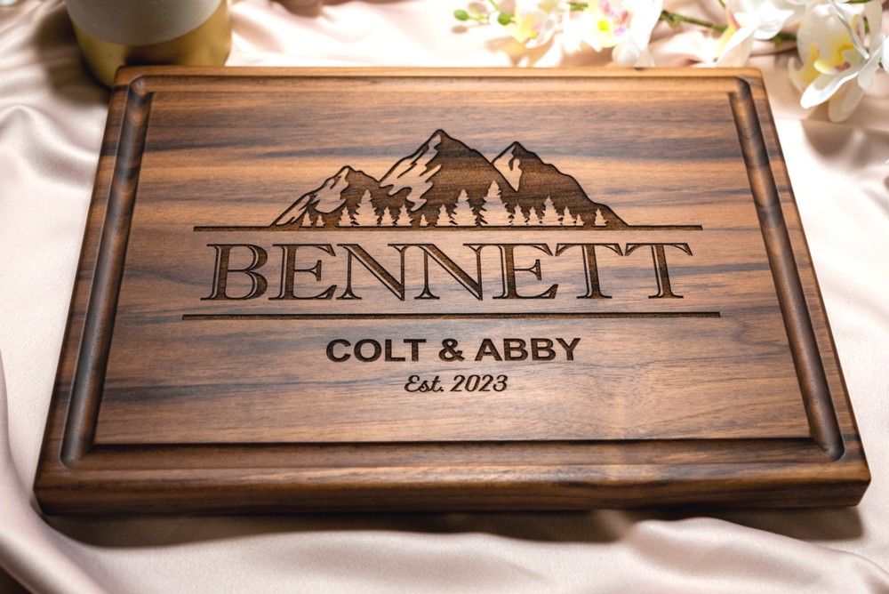 Personalized, Engraved Cutting Board with Bold Mountains Design for Wedding or Housewarming Gift #108 - Image 4