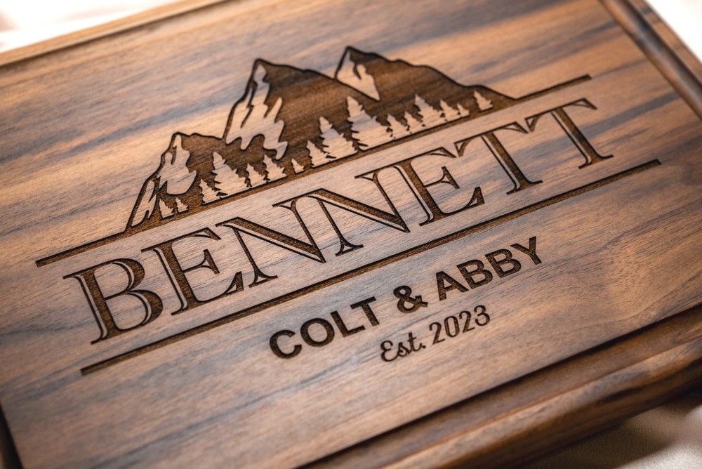 Personalized, Engraved Cutting Board with Bold Mountains Design for Wedding or Housewarming Gift #108 - Image 3