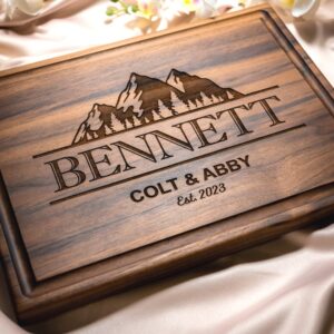 Personalized, Engraved Cutting Board with Bold Mountains Design for Wedding or Housewarming Gift #108