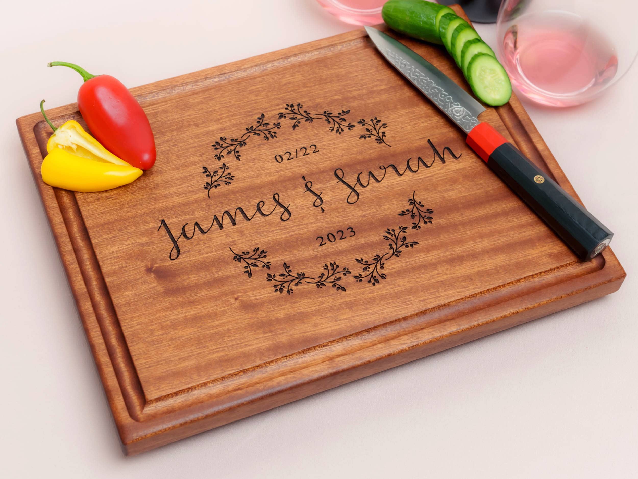 Personalized, Engraved Cutting Board with Cute Flower Wreath Design for Wedding or Engagement Gift #038 - Image 8