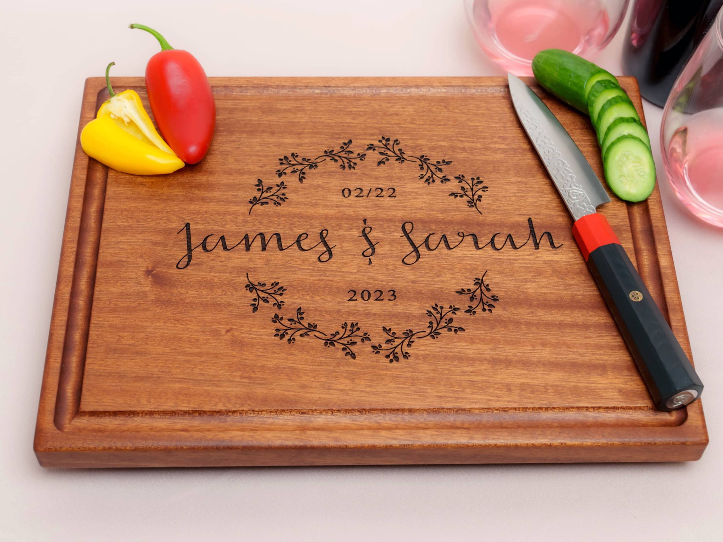 Personalized, Engraved Cutting Board with Cute Flower Wreath Design for Wedding or Engagement Gift #038 - Image 9