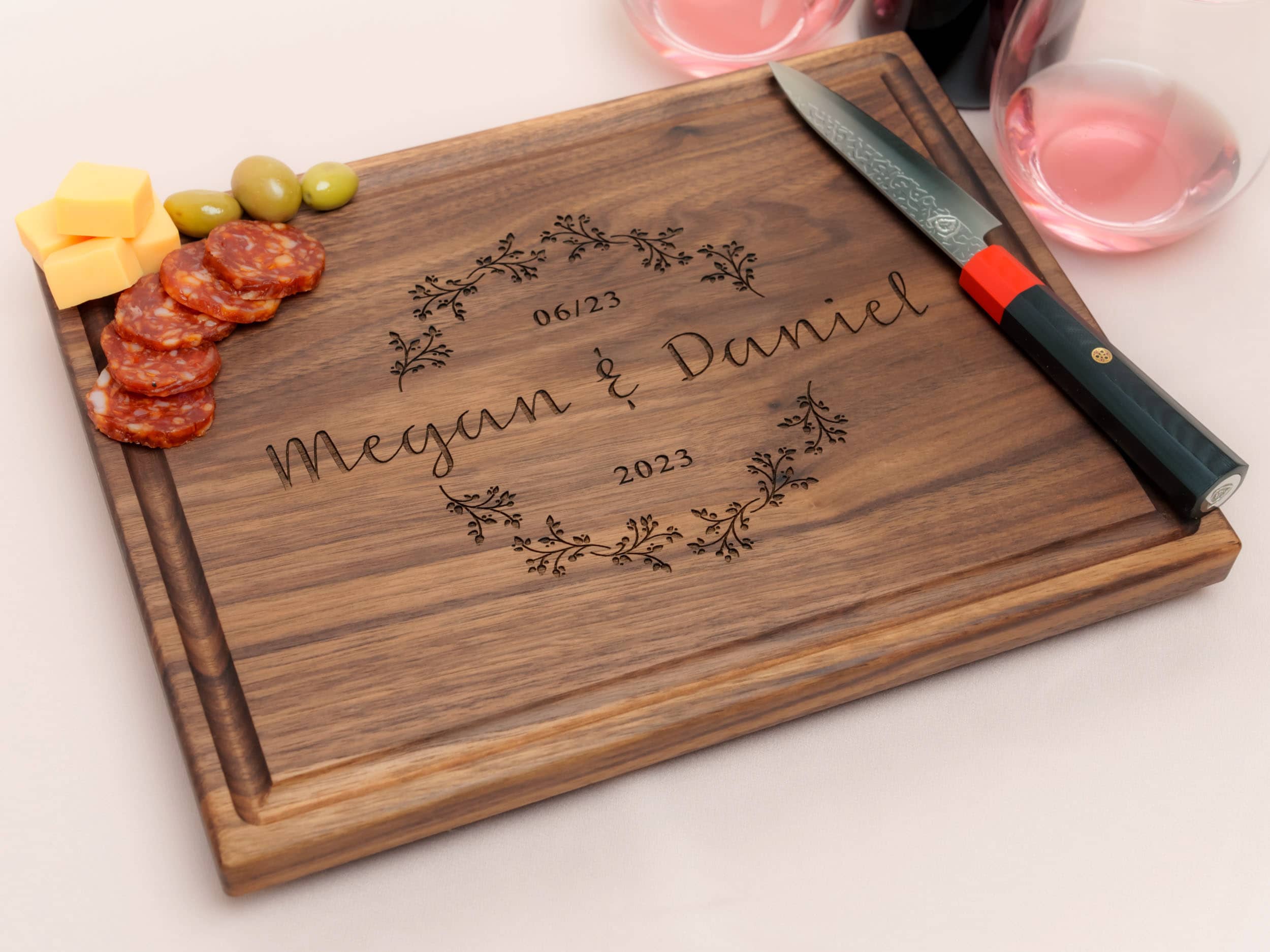 Personalized, Engraved Cutting Board with Cute Flower Wreath Design for Wedding or Engagement Gift #038 - Image 2