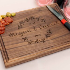 Personalized, Engraved Cutting Board with Cute Flower Wreath Design for Wedding or Engagement Gift #038