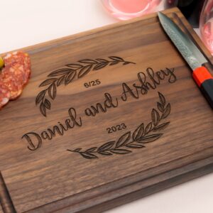 Personalized Cutting Board, Custom Wedding, Anniversary or Housewarming Gift Idea, Wood Engraved Charcuterie, for Couples and Newlyweds, Round Leaf Design #039