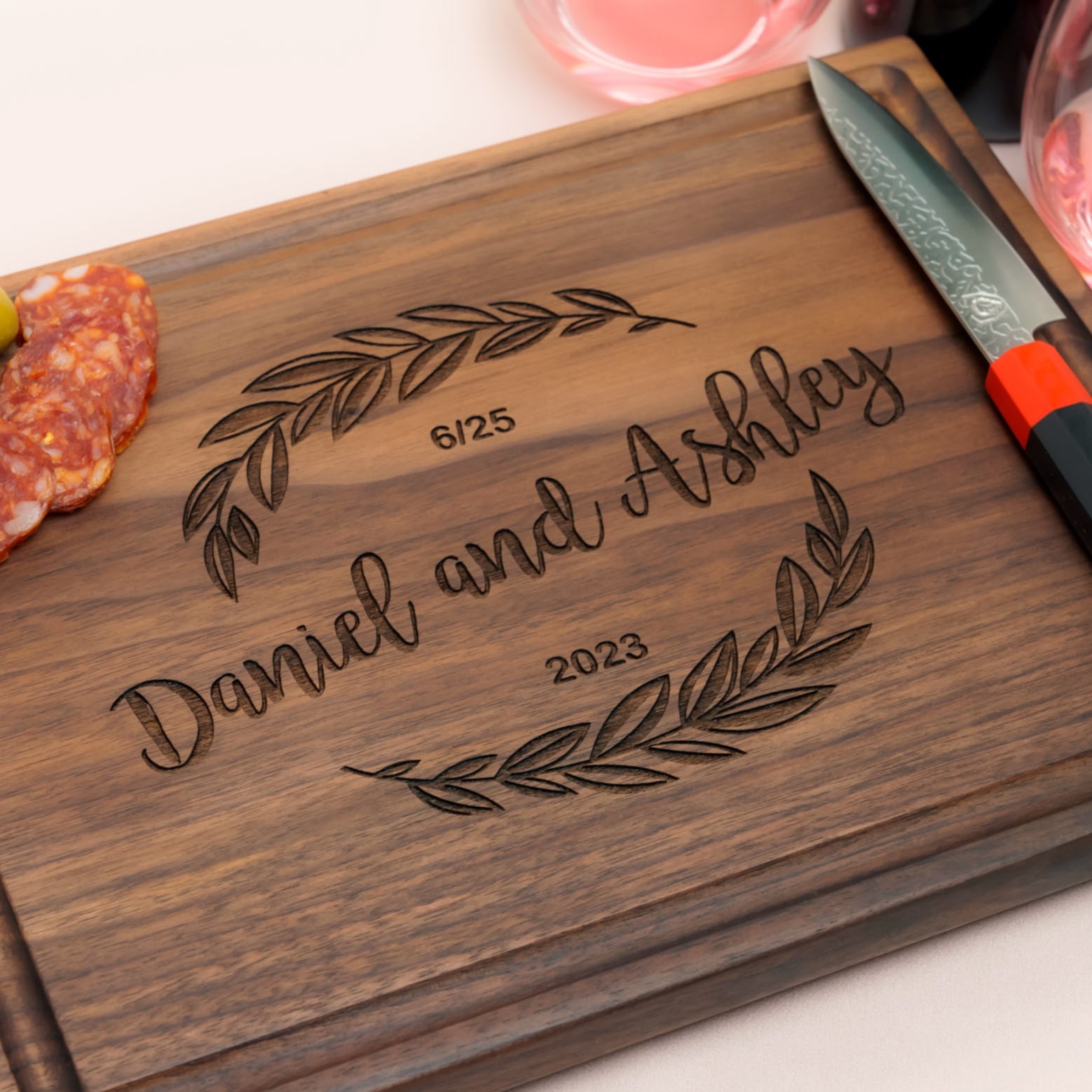 Personalized Cutting Board, Custom Wedding, Anniversary or Housewarming Gift Idea, Wood Engraved Charcuterie, for Couples and Newlyweds, Round Leaf Design #039