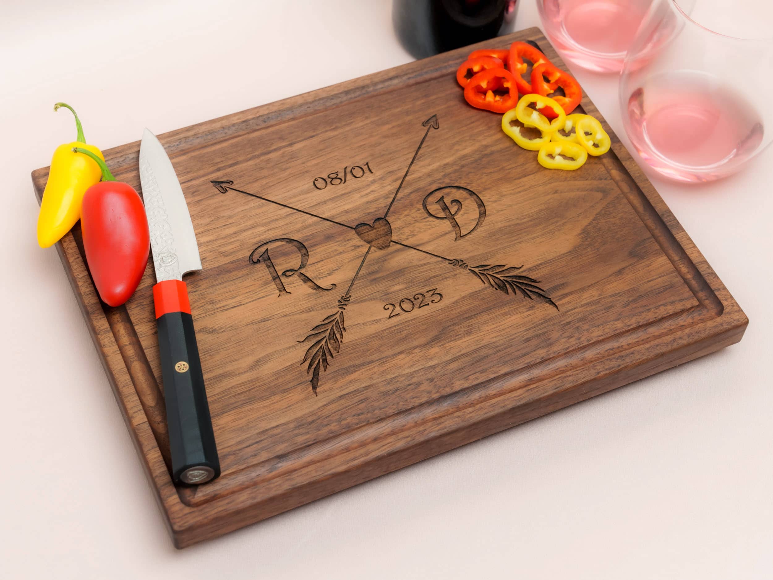 Personalized, Engraved Cutting Board with Boho Arrows and Heart Design for Engagement or Wedding #090 - Image 2
