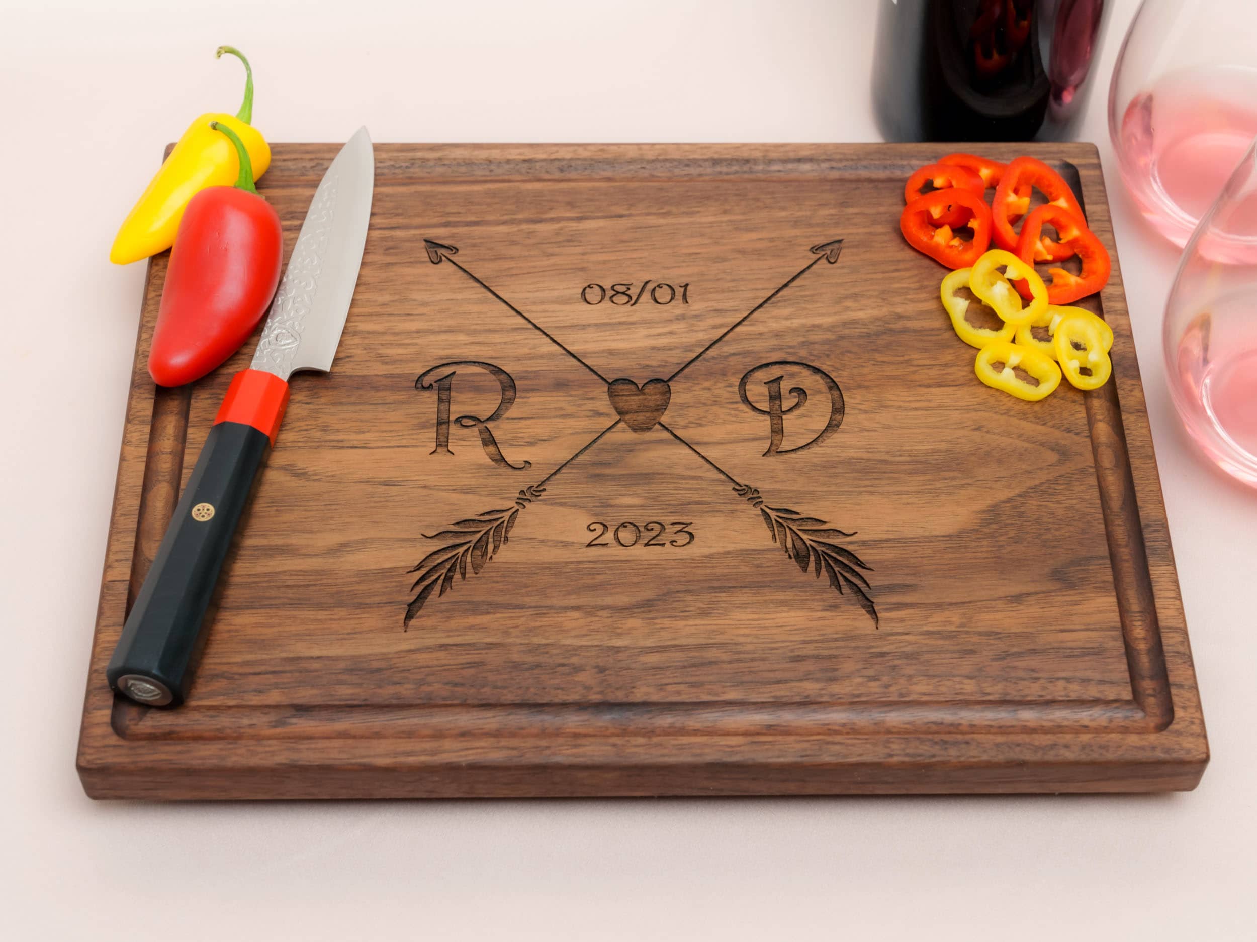 Personalized, Engraved Cutting Board with Boho Arrows and Heart Design for Engagement or Wedding #090 - Image 4