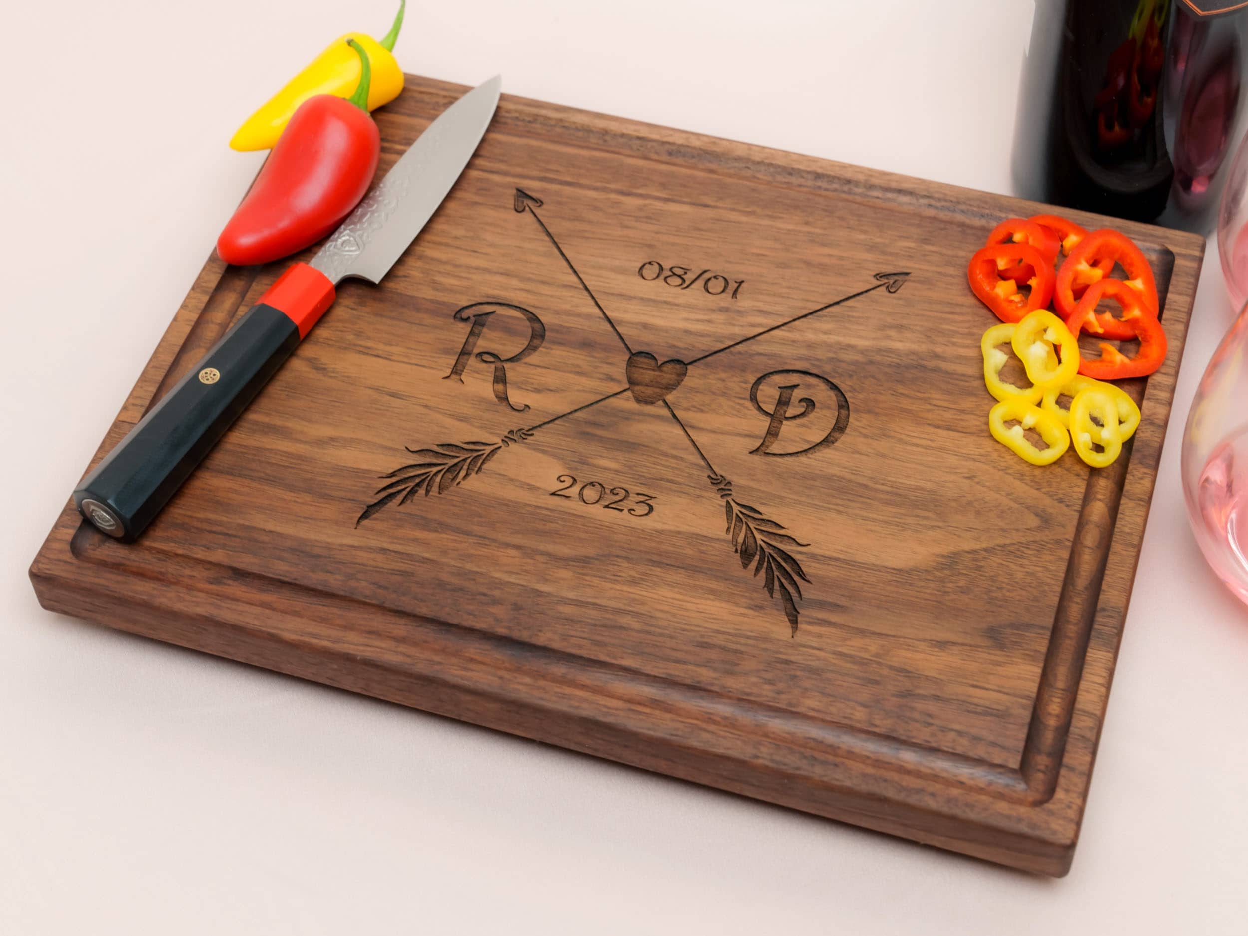 Personalized, Engraved Cutting Board with Boho Arrows and Heart Design for Engagement or Wedding #090 - Image 8