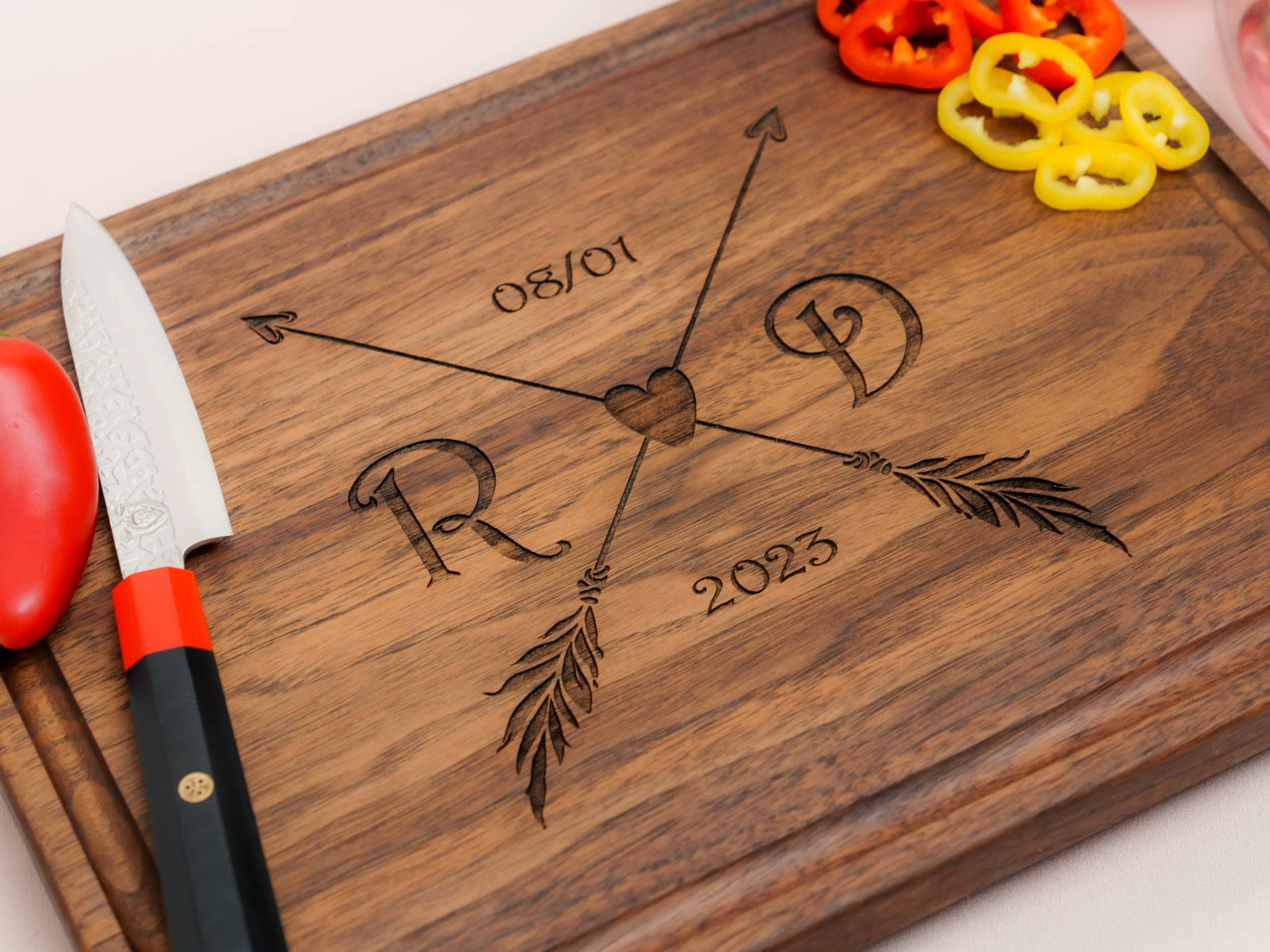 Personalized, Engraved Cutting Board with Boho Arrows and Heart Design for Engagement or Wedding #090 - Image 3