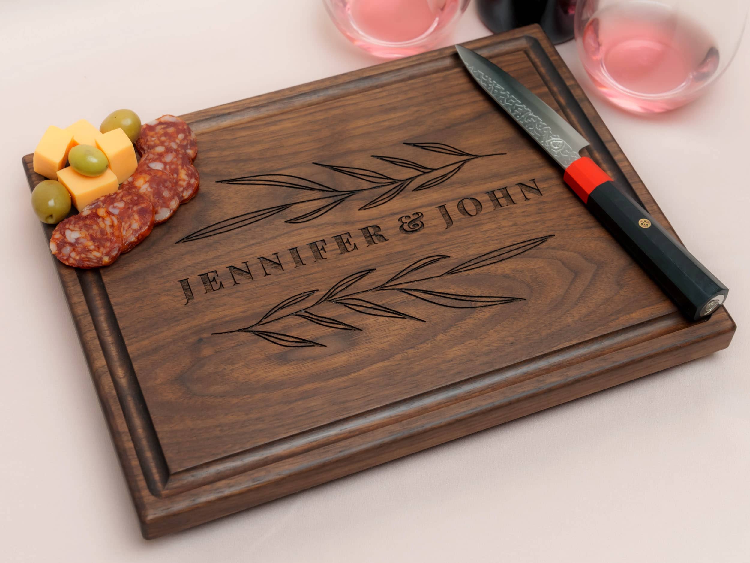 Personalized, Engraved Cutting Board with Rustic Leaf Design for Engagement or Birthday Gift #102 - Image 2