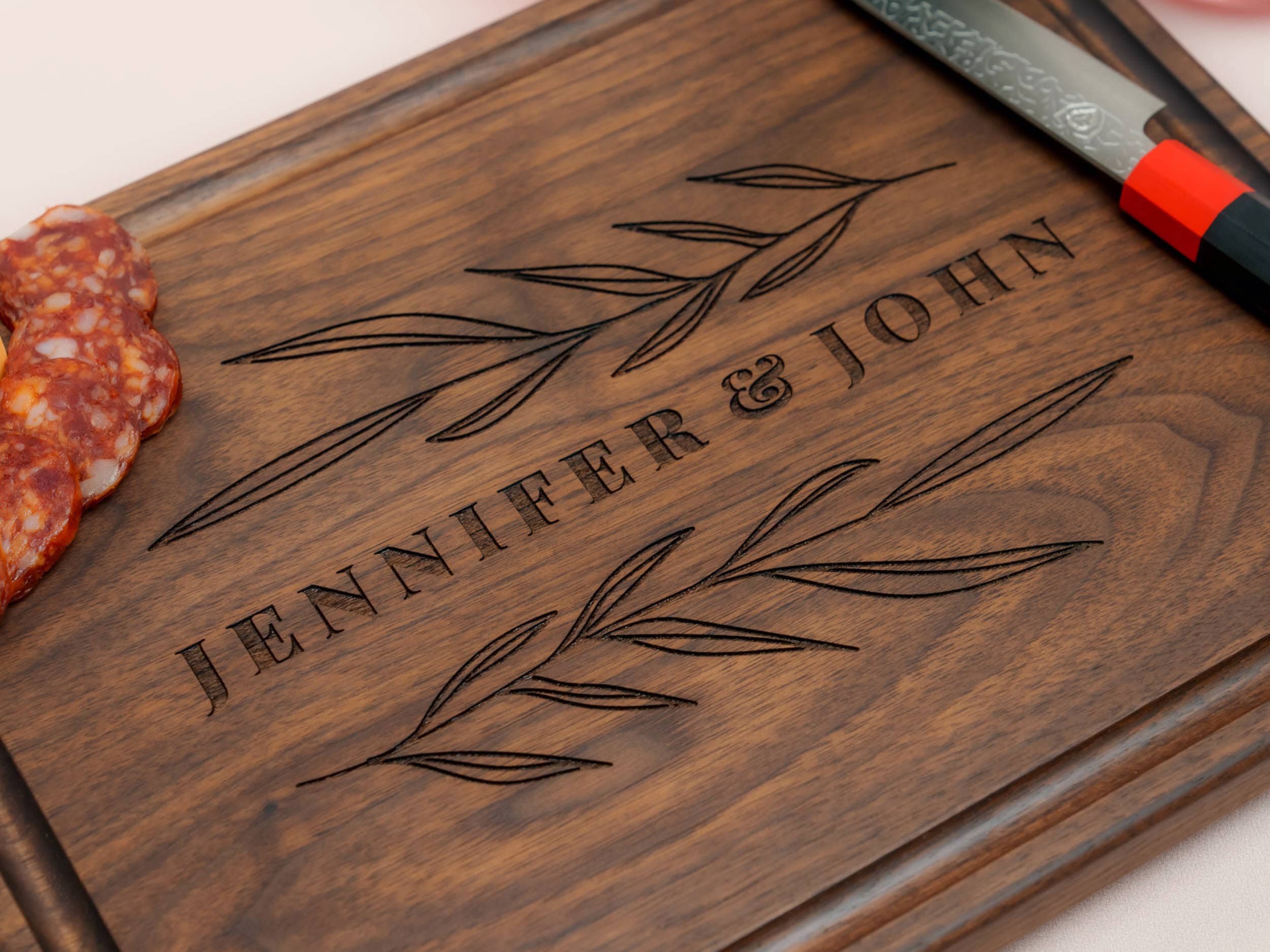 Personalized, Engraved Cutting Board with Rustic Leaf Design for Engagement or Birthday Gift #102 - Image 3